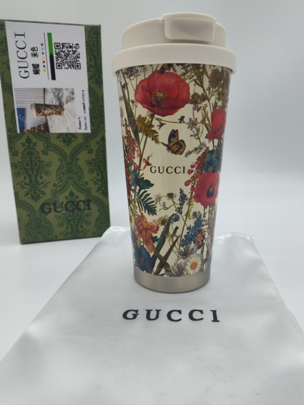 GUCCI Herbarium Floral Stainless Steel Travel Tumbler Mug w/ Box Dust Bag Straw - Picture 8 of 16